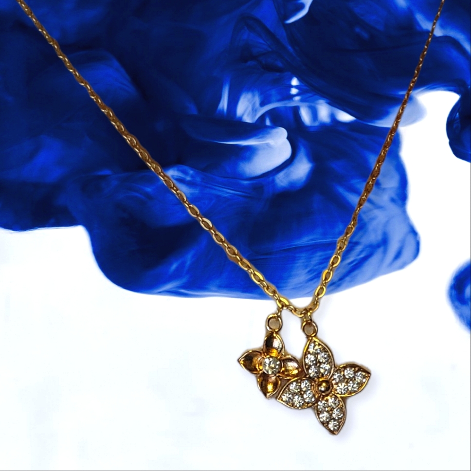 Gold Tone Flower Charm Necklace Luxury Pav Bling Cz